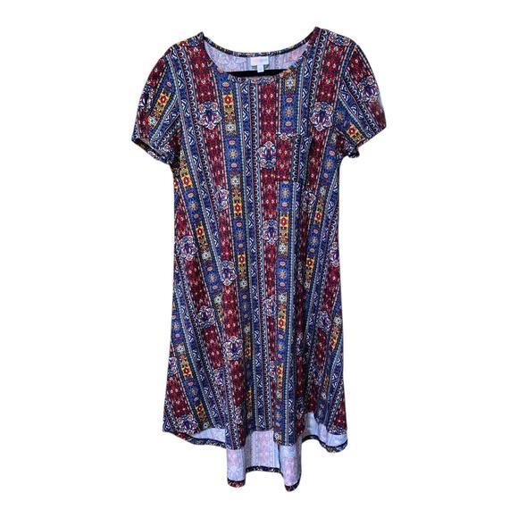 LuLaRoe Carly Dress Small – Boho Geometric Print High-Low Swing A-Line SS - Picture 1 of 6